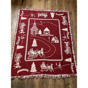 VTG Goodwin Weavers RED/WHITE Small Town Carriage Ride Fringed Throw 60 x 48 NC